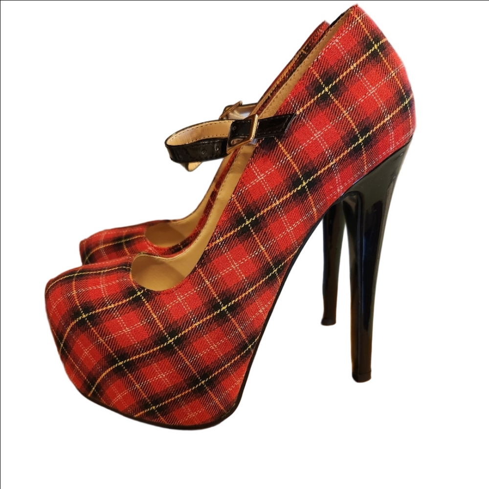 Red plaid platform Stiletto Heels